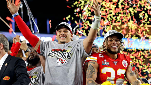 Feb 2, 2020; Miami Gardens, Florida, USA; Kansas City Chiefs quarterback Patrick Mahomes (15) and strong safety Tyrann Mathieu (32) celebrate after beating the San Francisco 49ers in Super Bowl LIV at Hard Rock Stadium. Mandatory Credit: Matthew Emmons-USA TODAY Sports